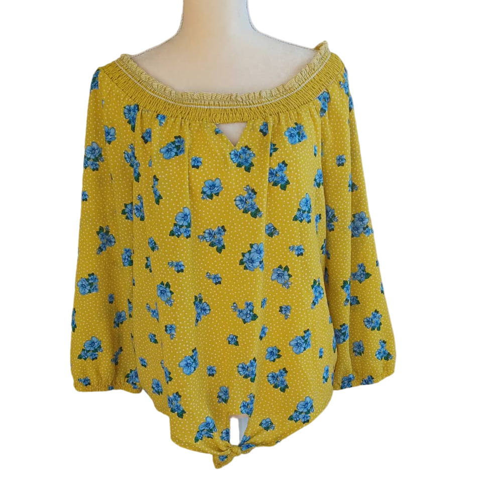 No Boundaries Gold Polka Dot Floral Keyhole Tie Detail Blouse